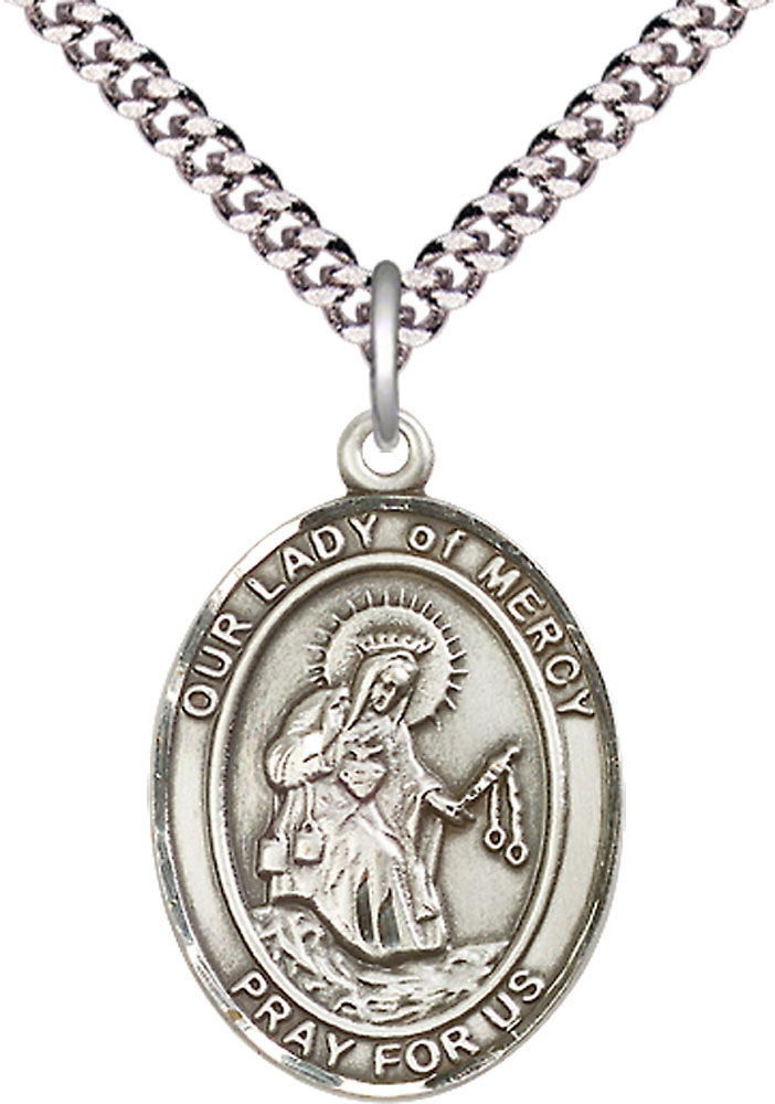 Sterling Silver Our Lady of Mercy Pendant on a 24 inch Light Rhodium Heavy Curb chain