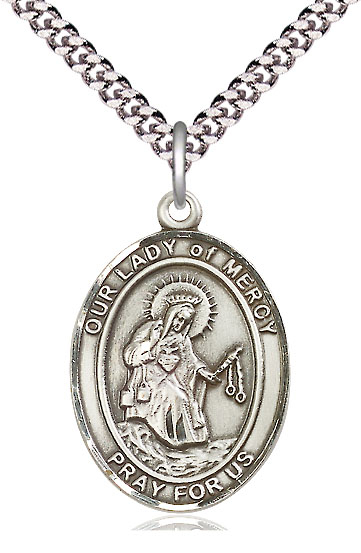 Sterling Silver Our Lady of Mercy Pendant on a 24 inch Light Rhodium Heavy Curb chain