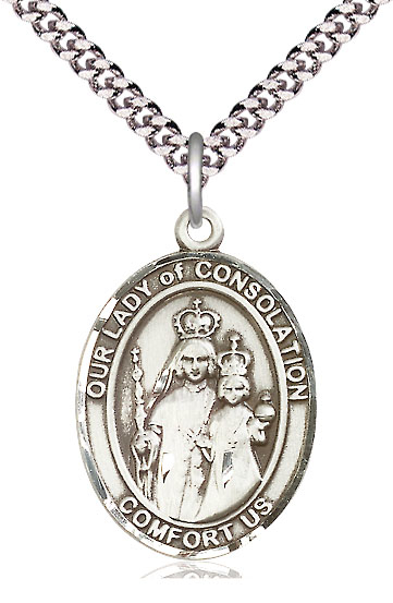 Sterling Silver Our Lady of Consolation Pendant on a 24 inch Light Rhodium Heavy Curb chain