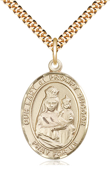 14kt Gold Filled Our Lady of Prompt Succor Pendant on a 24 inch Gold Plate Heavy Curb chain