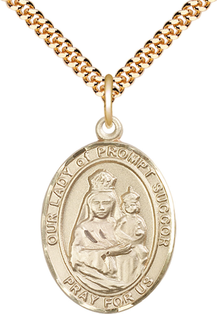 14kt Gold Filled Our Lady of Prompt Succor Pendant on a 24 inch Gold Plate Heavy Curb chain