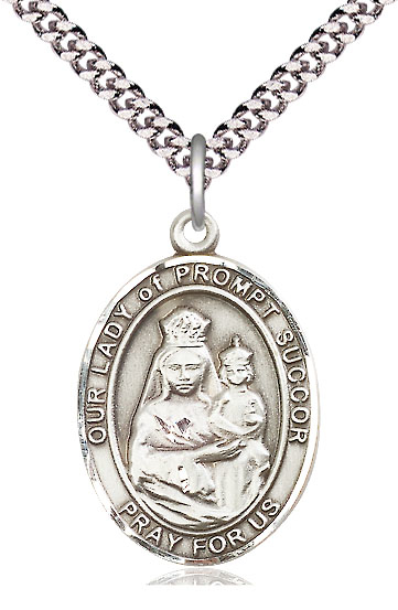 Sterling Silver Our Lady of Prompt Succor Pendant on a 24 inch Light Rhodium Heavy Curb chain