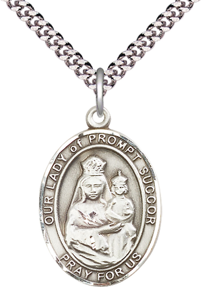 Sterling Silver Our Lady of Prompt Succor Pendant on a 24 inch Light Rhodium Heavy Curb chain