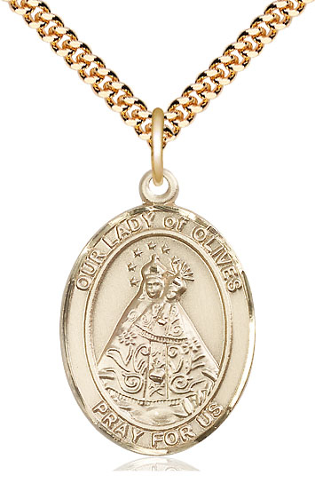 14kt Gold Filled Our Lady of Olives Pendant on a 24 inch Gold Plate Heavy Curb chain