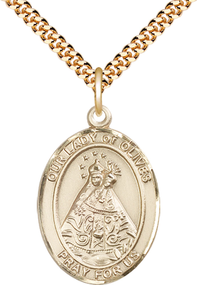 14kt Gold Filled Our Lady of Olives Pendant on a 24 inch Gold Plate Heavy Curb chain