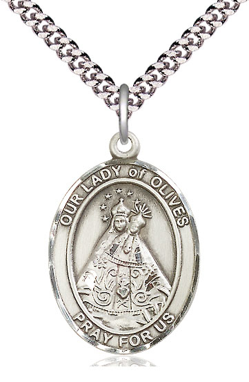 Sterling Silver Our Lady of Olives Pendant on a 24 inch Light Rhodium Heavy Curb chain