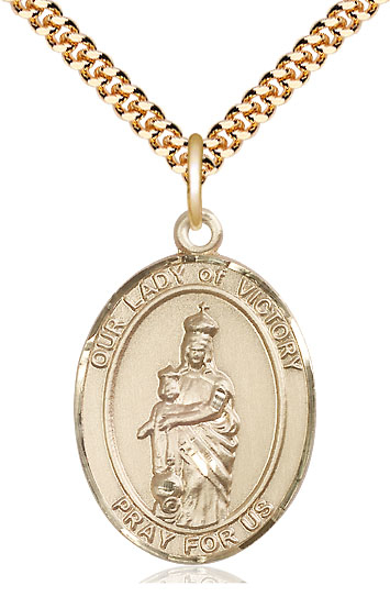 14kt Gold Filled Our Lady of Victory Pendant on a 24 inch Gold Plate Heavy Curb chain