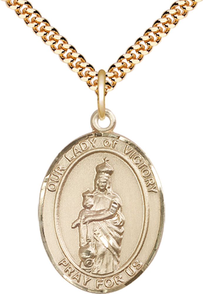 14kt Gold Filled Our Lady of Victory Pendant on a 24 inch Gold Plate Heavy Curb chain