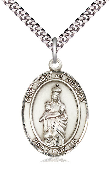 Sterling Silver Our Lady of Victory Pendant on a 24 inch Light Rhodium Heavy Curb chain