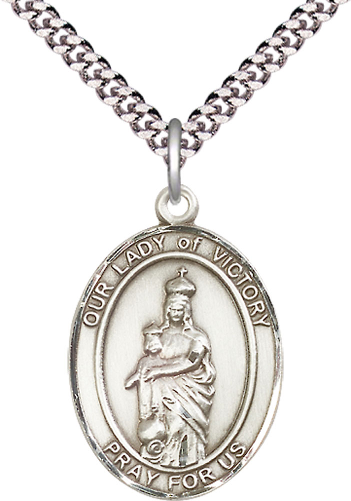 Sterling Silver Our Lady of Victory Pendant on a 24 inch Light Rhodium Heavy Curb chain