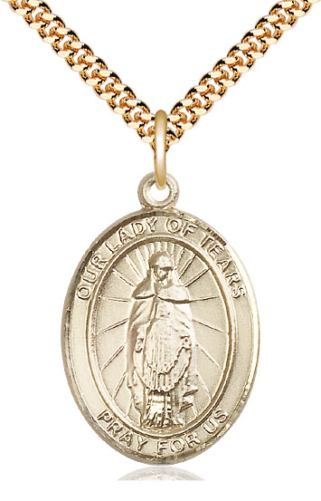 14kt Gold Filled Our Lady of Tears Pendant on a 24 inch Gold Plate Heavy Curb chain