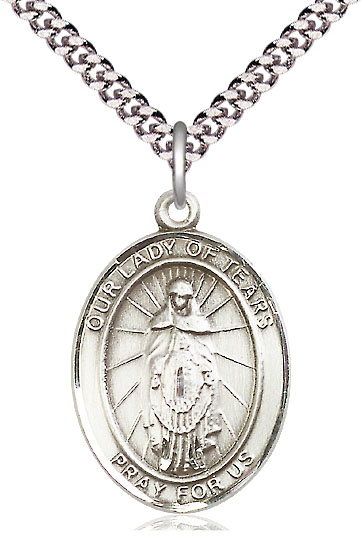 Sterling Silver Our Lady of Tears Pendant on a 24 inch Light Rhodium Heavy Curb chain