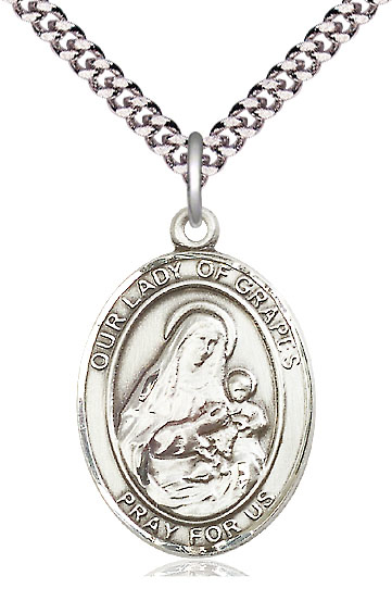 Sterling Silver Our Lady of Grapes Pendant on a 24 inch Light Rhodium Heavy Curb chain