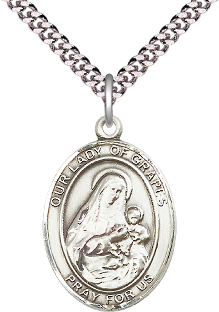 Sterling Silver Our Lady of Grapes Pendant on a 24 inch Light Rhodium Heavy Curb chain