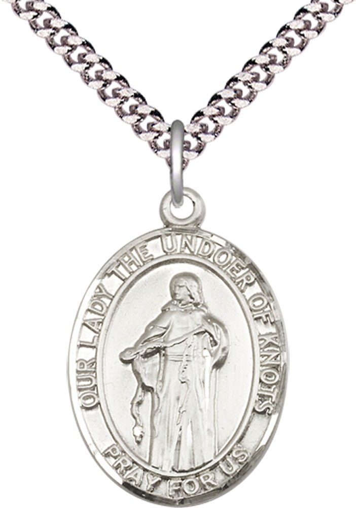 Sterling Silver Our Lady of Knots Pendant on a 24 inch Light Rhodium Heavy Curb chain