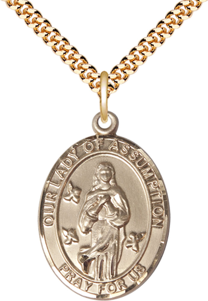 14kt Gold Filled Our Lady of Assumption Pendant on a 24 inch Gold Plate Heavy Curb chain