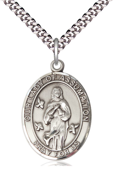 Sterling Silver Our Lady of Assumption Pendant on a 24 inch Light Rhodium Heavy Curb chain