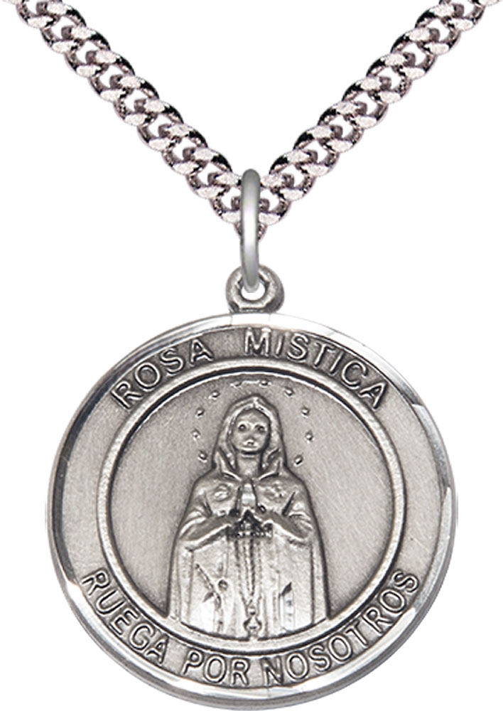 Sterling Silver Our Lady Rosa Mystica Pendant on a 24 inch Light Rhodium Heavy Curb chain
