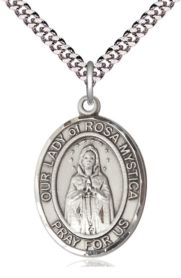 Sterling Silver Our Lady of Rosa Mystica Pendant on a 24 inch Light Rhodium Heavy Curb chain