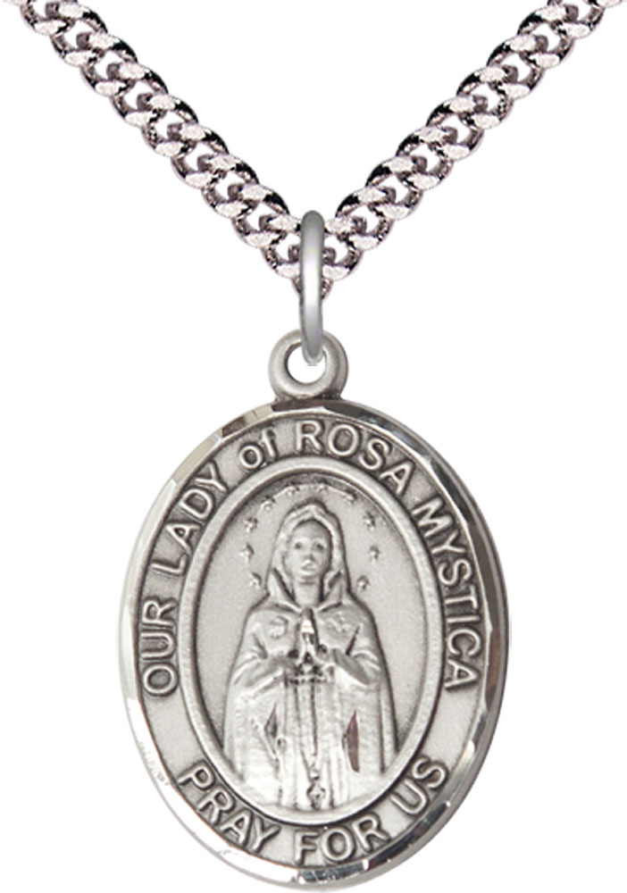 Sterling Silver Our Lady of Rosa Mystica Pendant on a 24 inch Light Rhodium Heavy Curb chain