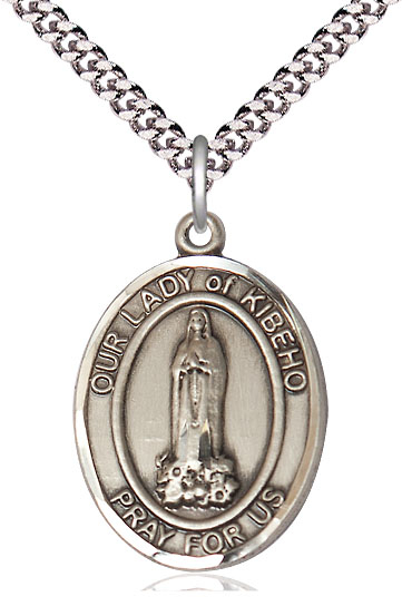 Sterling Silver Our Lady of Kibeho Pendant on a 24 inch Light Rhodium Heavy Curb chain