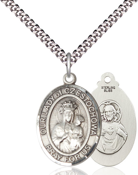 Sterling Silver Our Lady of Czestochowa Pendant on a 24 inch Light Rhodium Heavy Curb chain