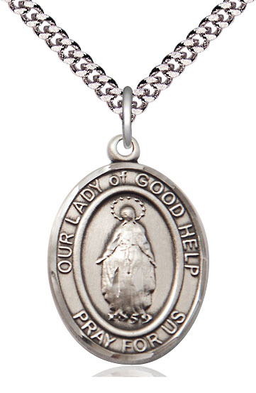 Sterling Silver Our Lady Of Good Help Pendant on a 24 inch Light Rhodium Heavy Curb chain