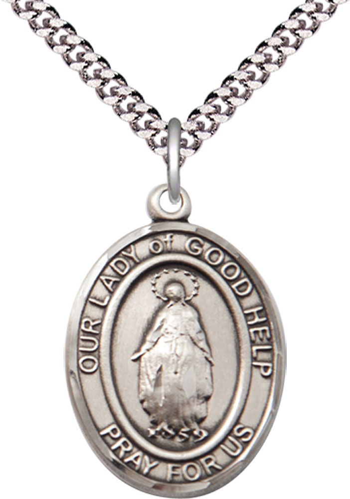 Sterling Silver Our Lady Of Good Help Pendant on a 24 inch Light Rhodium Heavy Curb chain