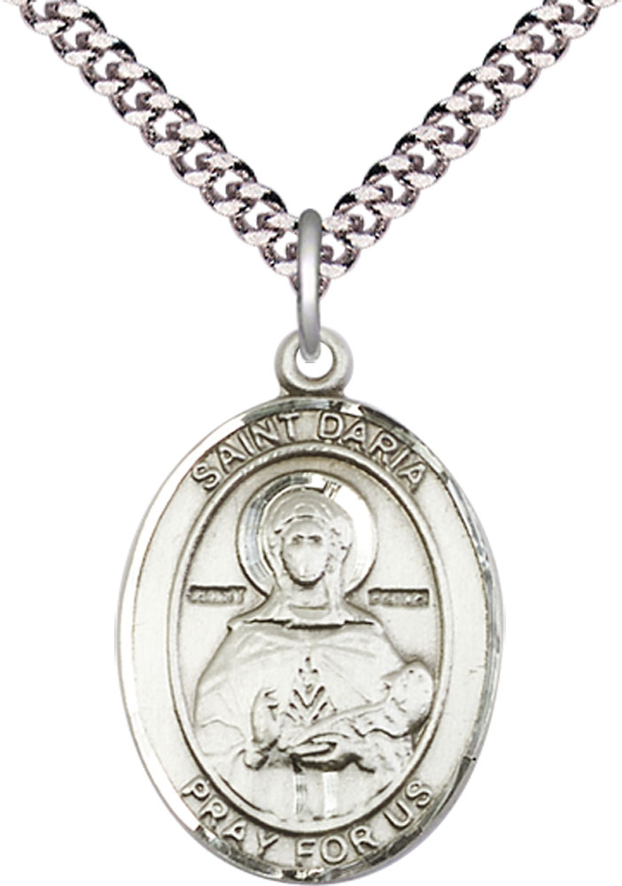 Sterling Silver Saint Daria Pendant on a 24 inch Light Rhodium Heavy Curb chain