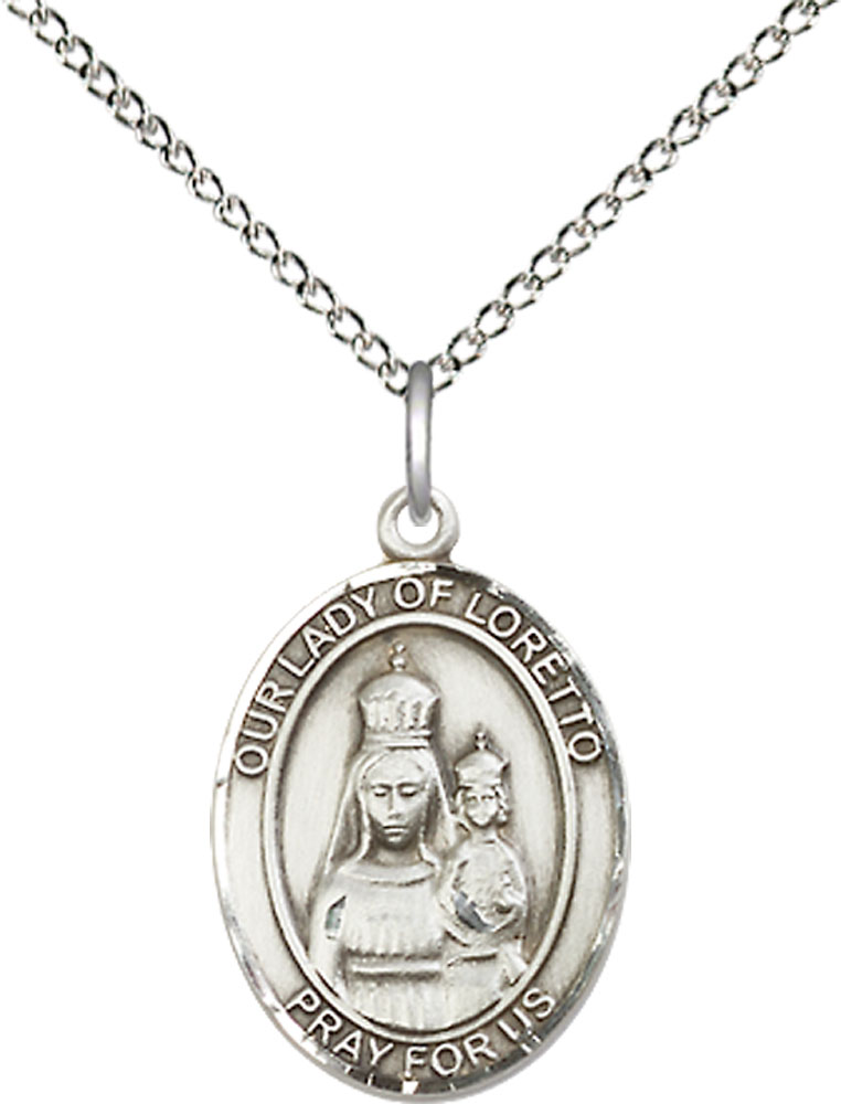 Sterling Silver Our Lady of Loretto Pendant on a 18 inch Sterling Silver Light Curb chain