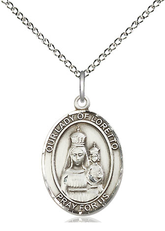 Sterling Silver Our Lady of Loretto Pendant on a 18 inch Sterling Silver Light Curb chain