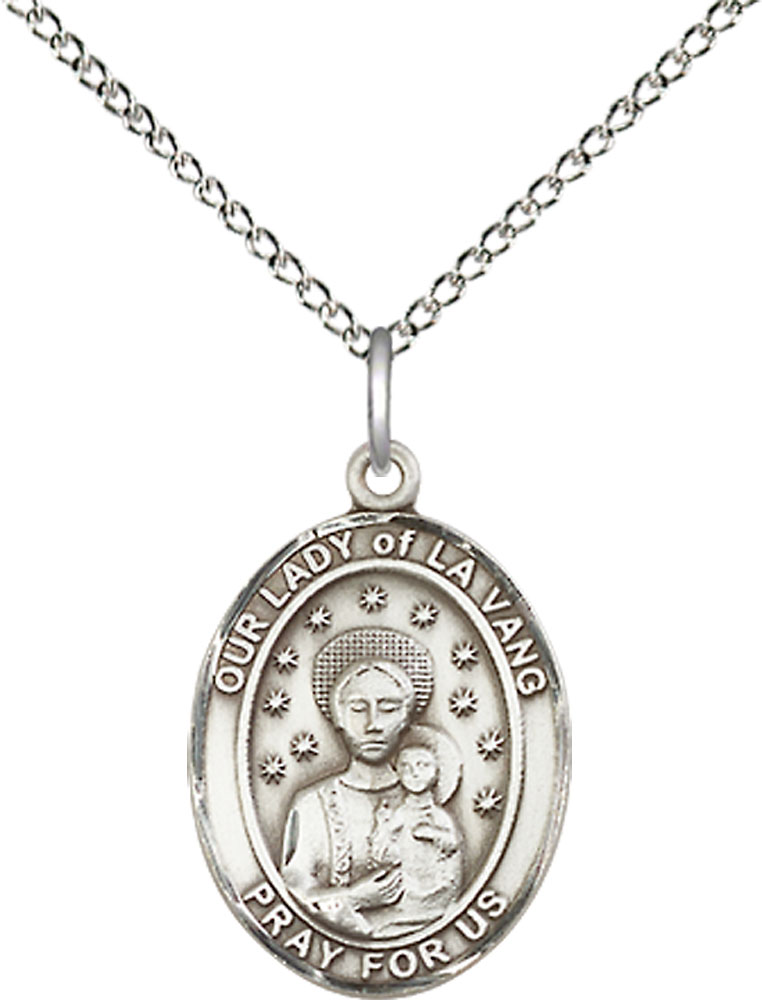 Sterling Silver Our Lady of la Vang Pendant on a 18 inch Sterling Silver Light Curb chain