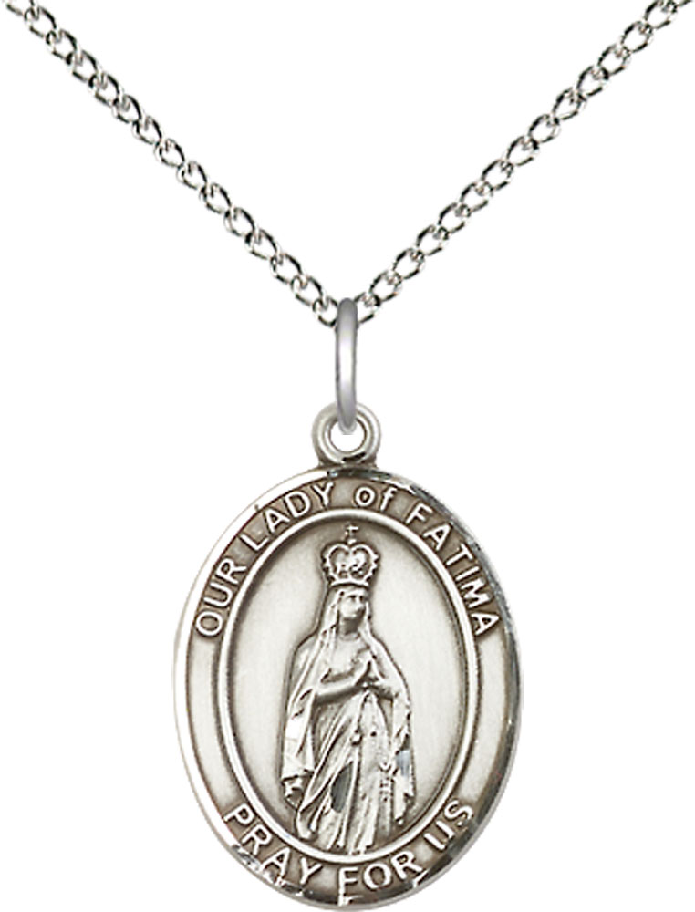 Sterling Silver Our Lady of Fatima Pendant on a 18 inch Sterling Silver Light Curb chain