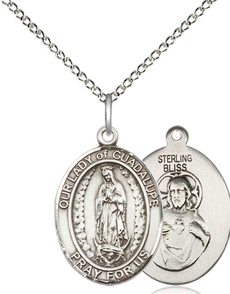Sterling Silver Our Lady of Guadalupe Pendant on a 18 inch Sterling Silver Light Curb chain