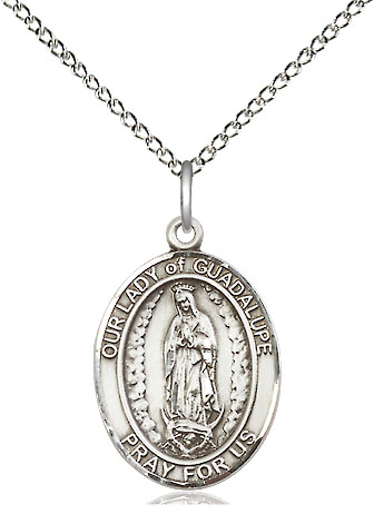 Sterling Silver Our Lady of Guadalupe Pendant on a 18 inch Sterling Silver Light Curb chain