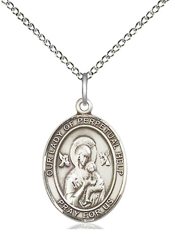 Sterling Silver Our Lady of Perpetual Help Pendant on a 18 inch Sterling Silver Light Curb chain