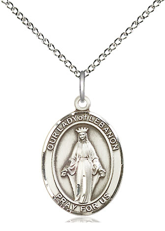 Sterling Silver Our Lady of Lebanon Pendant on a 18 inch Sterling Silver Light Curb chain