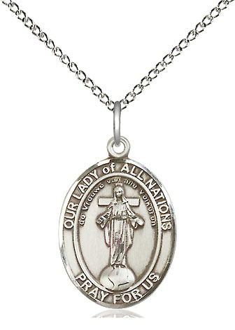 Sterling Silver Our Lady of All Nations Pendant on a 18 inch Sterling Silver Light Curb chain