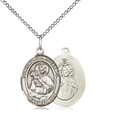 Sterling Silver Our Lady of Mount Carmel Pendant on a 18 inch Sterling Silver Light Curb chain