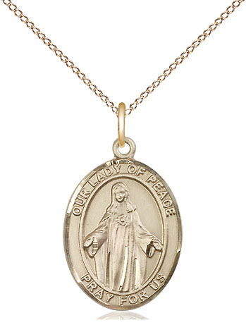 14kt Gold Filled Our Lady of Peace Pendant on a 18 inch Gold Filled Light Curb chain