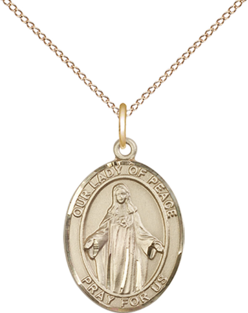 14kt Gold Filled Our Lady of Peace Pendant on a 18 inch Gold Filled Light Curb chain