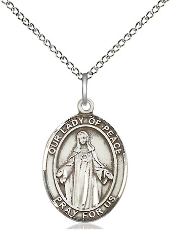 Sterling Silver Our Lady of Peace Pendant on a 18 inch Sterling Silver Light Curb chain