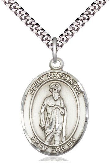 Sterling Silver Saint Nathanael Pendant on a 24 inch Light Rhodium Heavy Curb chain