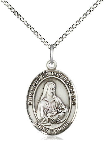 Sterling Silver Our Lady of the Railroad Pendant on a 18 inch Sterling Silver Light Curb chain