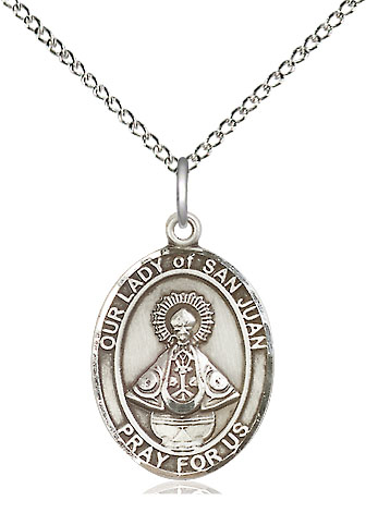 Sterling Silver Our Lady of San Juan Pendant on a 18 inch Sterling Silver Light Curb chain