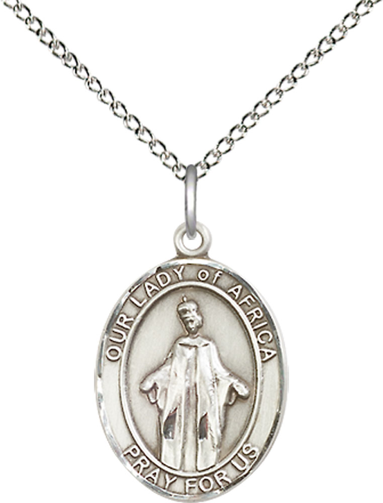 Sterling Silver Our Lady of Africa Pendant on a 18 inch Sterling Silver Light Curb chain