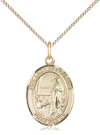 14kt Gold Filled Our Lady of Lourdes Pendant on a 18 inch Gold Filled Light Curb chain