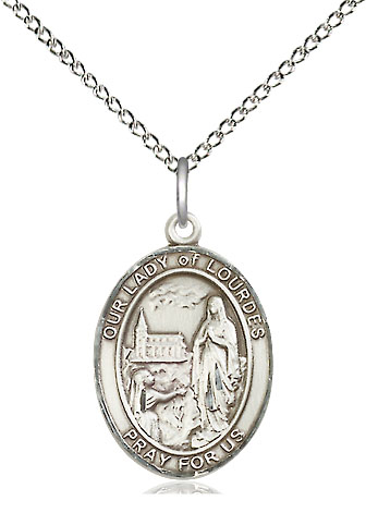 Sterling Silver Our Lady of Lourdes Pendant on a 18 inch Sterling Silver Light Curb chain