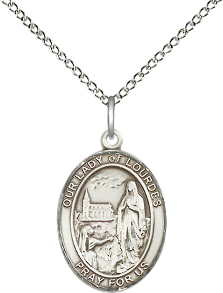 Sterling Silver Our Lady of Lourdes Pendant on a 18 inch Sterling Silver Light Curb chain