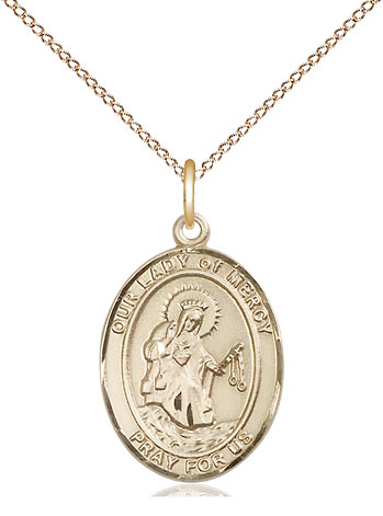 14kt Gold Filled Our Lady of Mercy Pendant on a 18 inch Gold Filled Light Curb chain